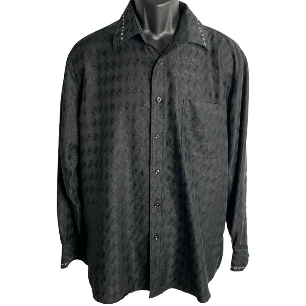 Countess Mara Long Sleeve Button Up Shirt L Black Silky Check Collared Pocket